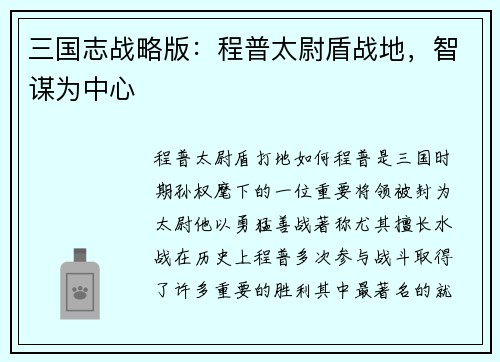 三国志战略版：程普太尉盾战地，智谋为中心
