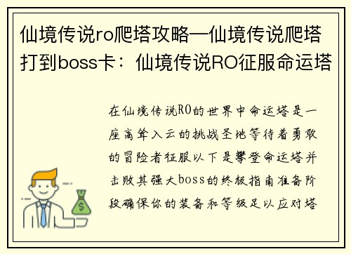 仙境传说ro爬塔攻略—仙境传说爬塔打到boss卡：仙境传说RO征服命运塔巅峰全攻略