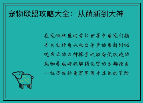 宠物联盟攻略大全：从萌新到大神